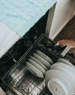 white ceramic plate on black dishwasher